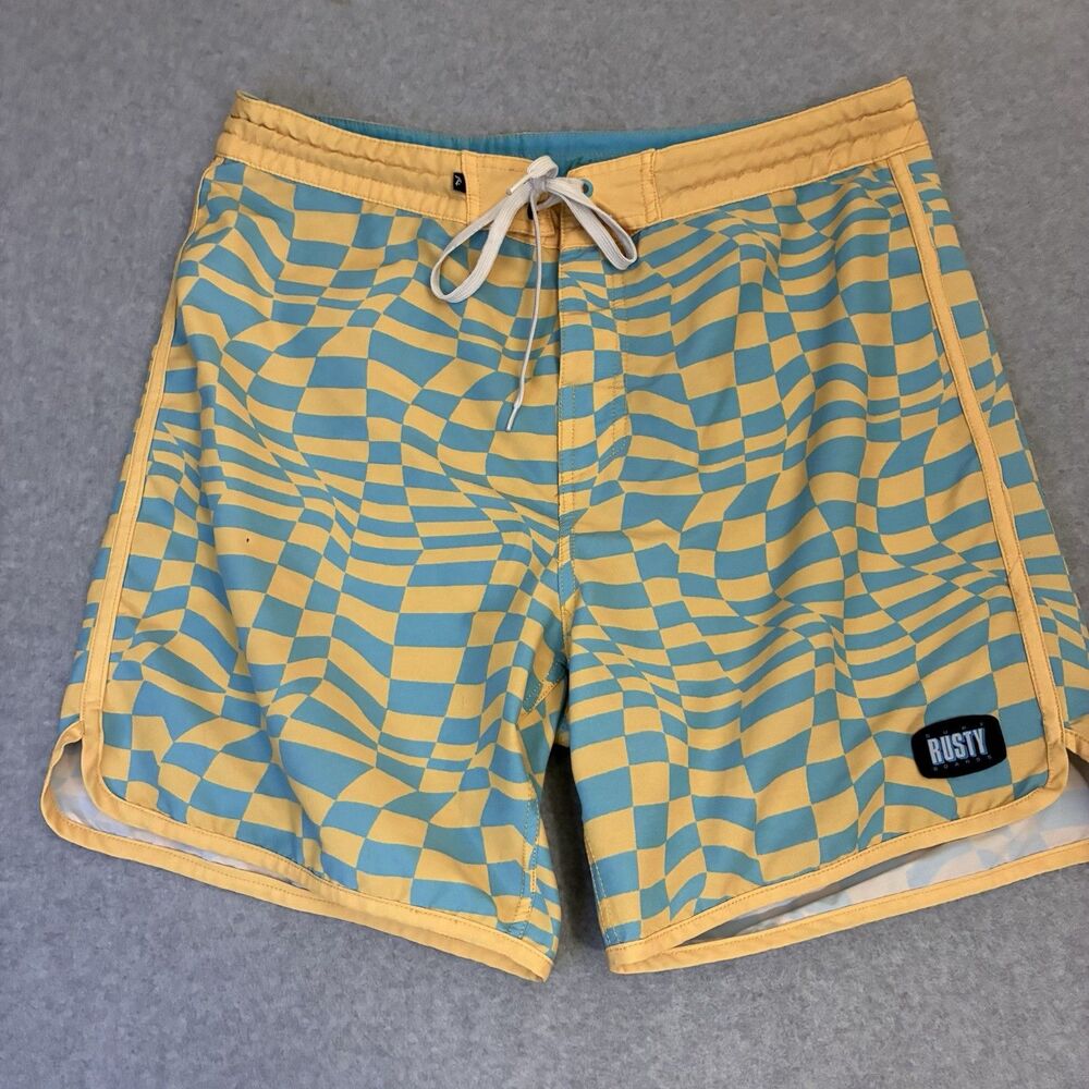 Rusty Boards Swim Trunks Shorts Men’s 34 Blue Yellow Checkered Surf Beach